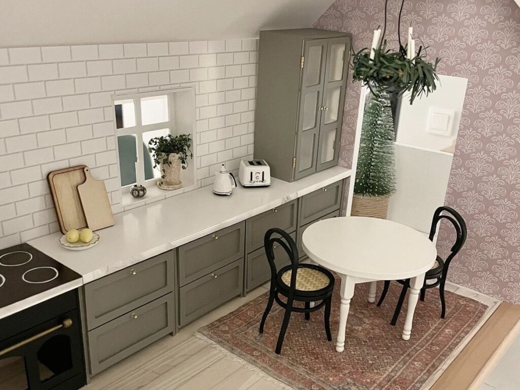 Grey miniature dollhouse kitchen