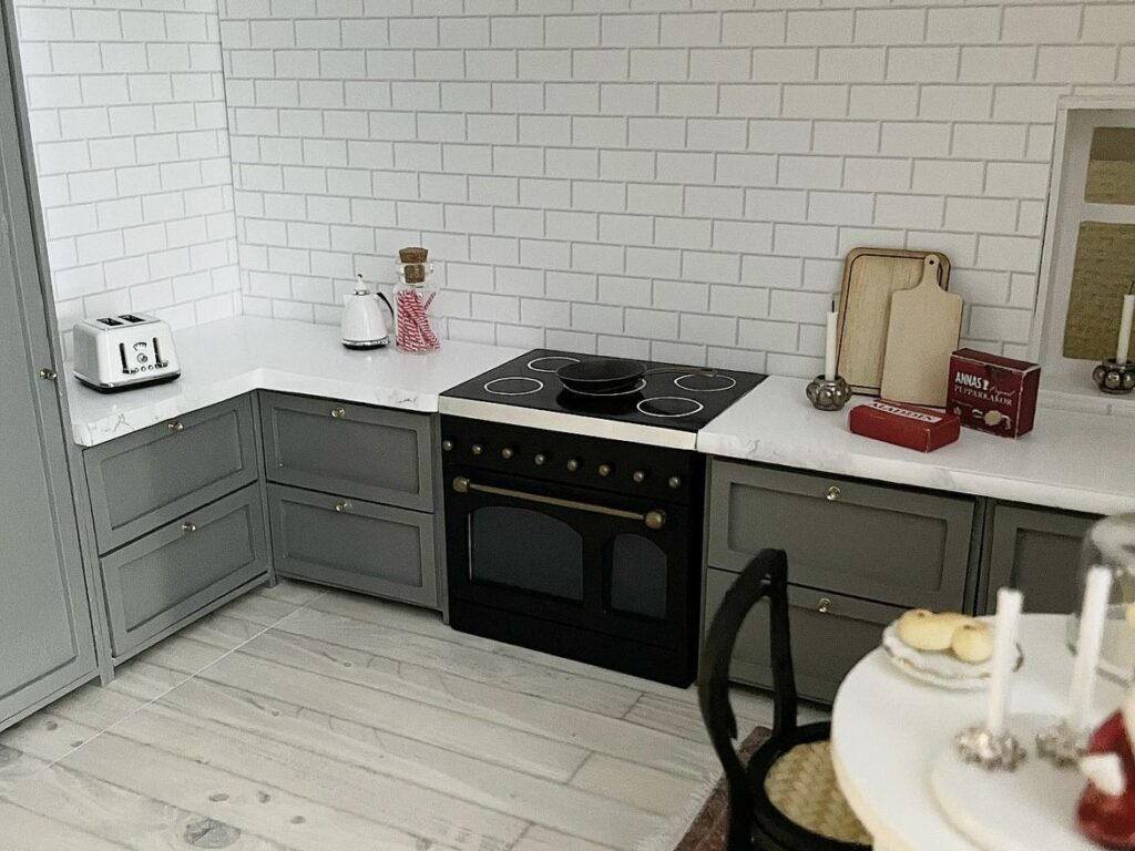 grey handmade dollhouse kitchen